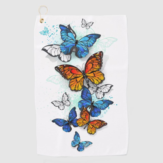 Flying Butterflies Morpho and Monarch Golf Towel (Front)