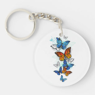 Flying Butterflies Morpho and Monarch Keychain