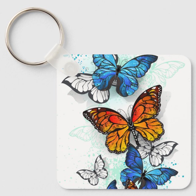 Flying Butterflies Morpho and Monarch Keychain (Front)