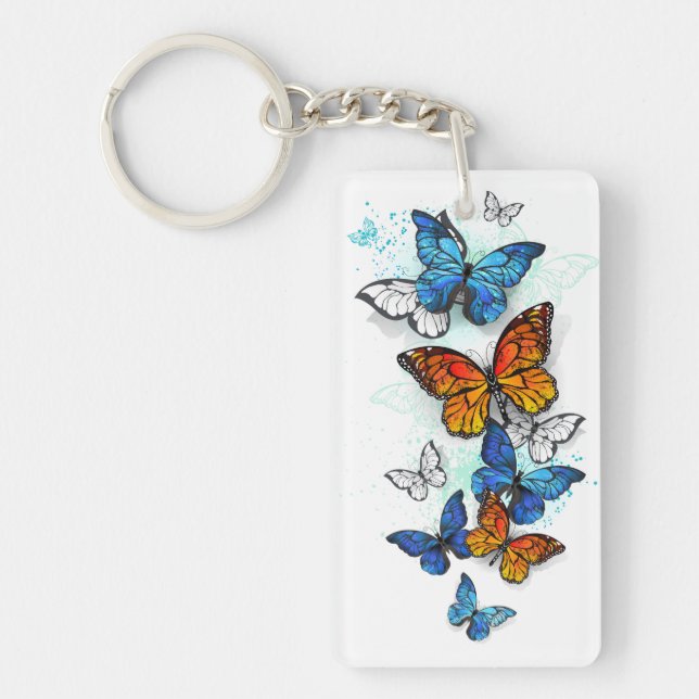 Flying Butterflies Morpho and Monarch Keychain (Front)