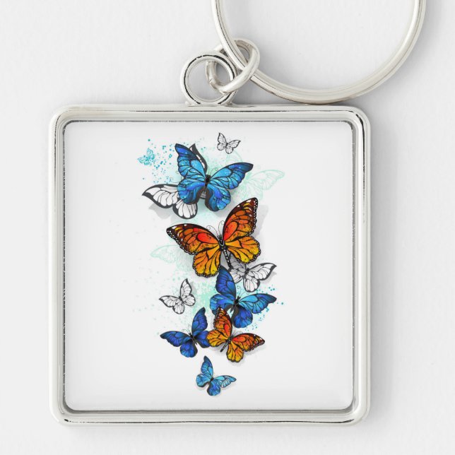 Flying Butterflies Morpho and Monarch Keychain (Front)