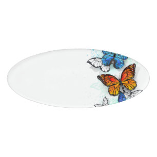 Flying Butterflies Morpho and Monarch Name Tag