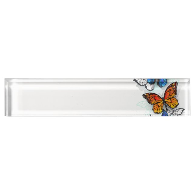 Flying Butterflies Morpho and Monarch Nameplate (Front)