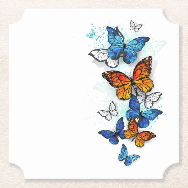 Flying Butterflies Morpho and Monarch Paper Coaster (Front)