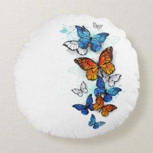 Flying Butterflies Morpho and Monarch Round Pillow