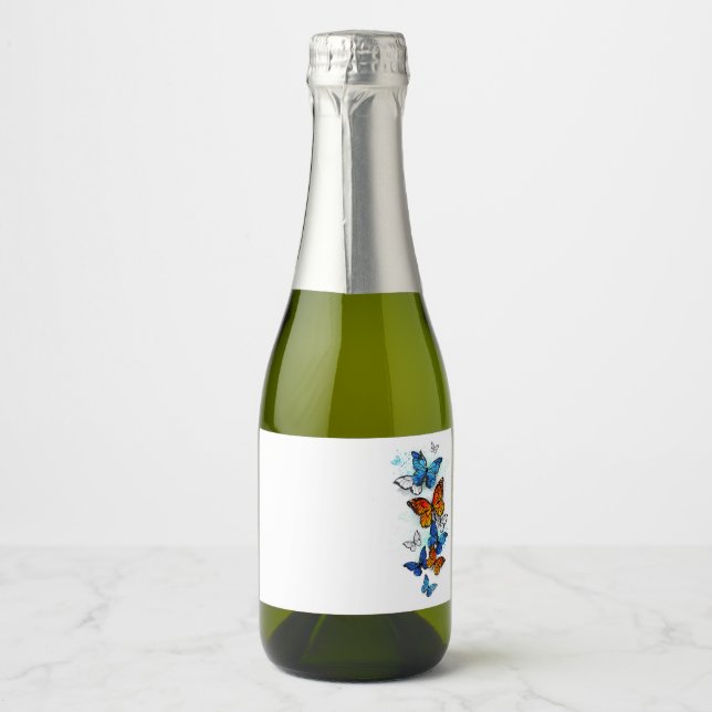 Flying Butterflies Morpho and Monarch Sparkling Wine Label (Front)