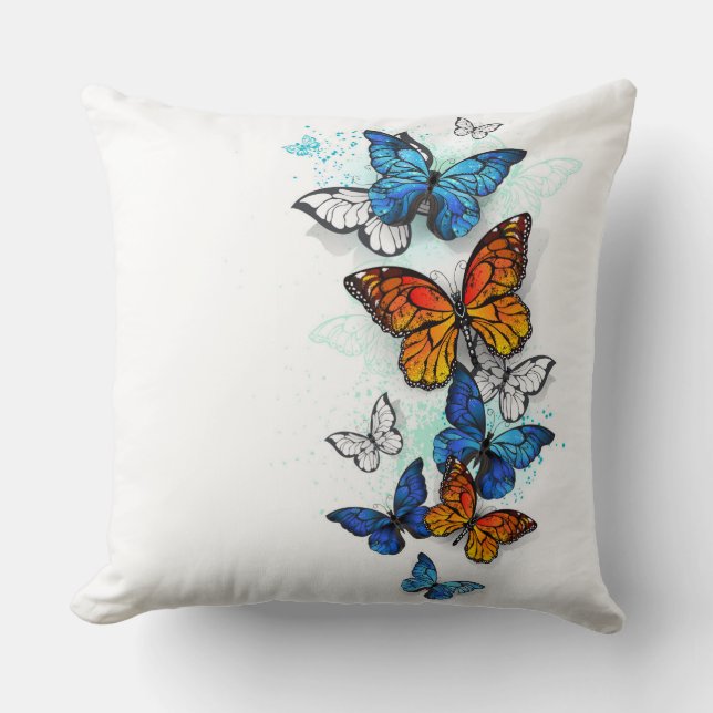 Flying Butterflies Morpho and Monarch Throw Pillow (Front)