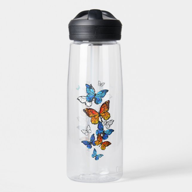 Flying Butterflies Morpho and Monarch Water Bottle (Front)