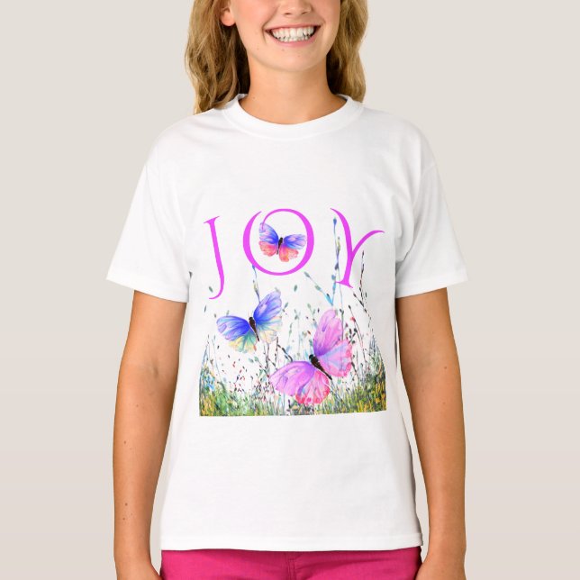 Flying Butterflies T-Shirt with Text - Joy (Front)