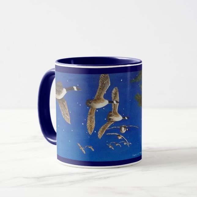 Flying Canada Geese Mug; Canadian Geese in Flight. Mug (Front Left)