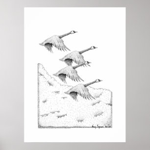 Flying Canada Geese Pen and Ink Drawing Poster