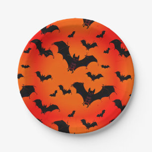 Flying Cartoon Bats on an Orange Background Paper Plate