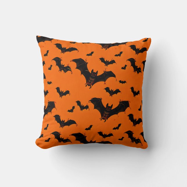 Flying Cartoon Bats on an Orange Background Throw Pillow (Front)