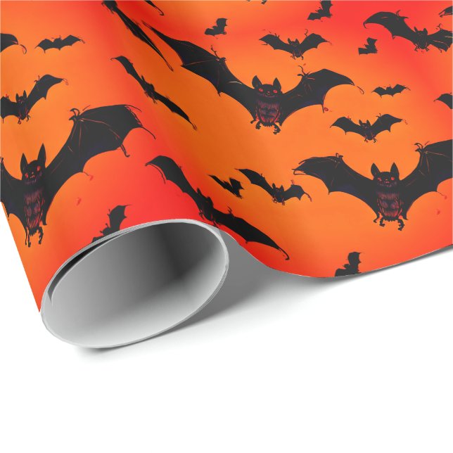 Flying Cartoon Bats on an Orange Background Wrapping Paper (Roll Corner)