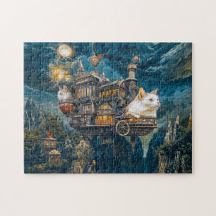Flying castle cats Steampunk night Jigsaw Puzzle