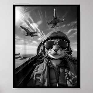 Flying Cat Selfie Funny Fighter Pilot Meme Jet Fly Poster