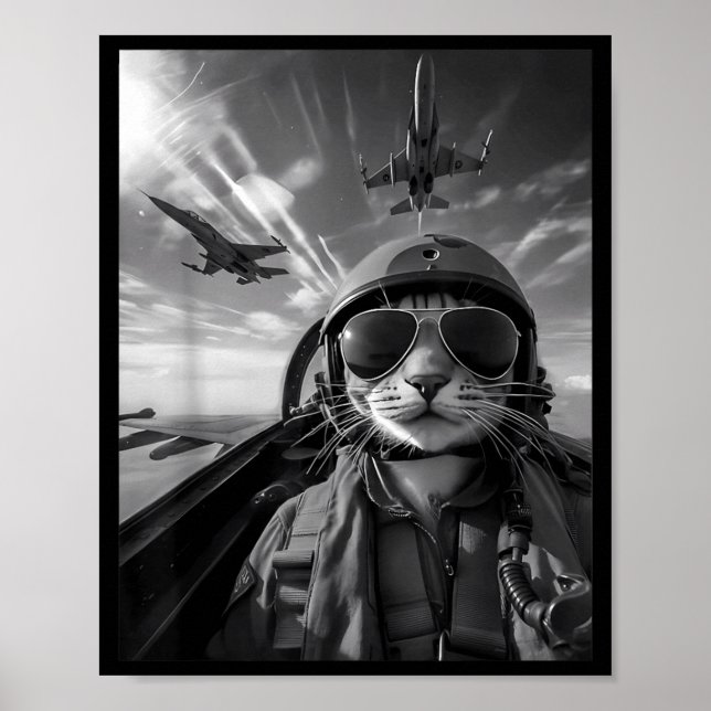Flying Cat Selfie Funny Fighter Pilot Meme Jet Fly Poster (Front)