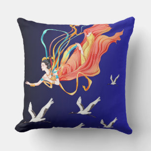 Flying Chinese Goddess Dunhuang Art with Red-Crown Throw Pillow