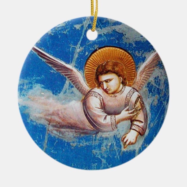 FLYING CHRISTMAS ANGEL IN BLUE SKY, FLORAL CROWN CERAMIC ORNAMENT (Front)