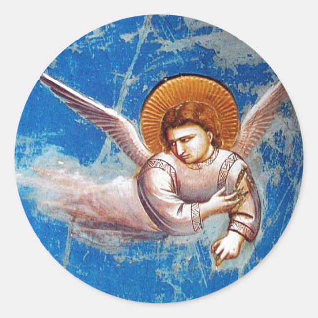 FLYING CHRISTMAS ANGEL IN BLUE SKY, HOLIDAY PARTY CLASSIC ROUND STICKER (Front)