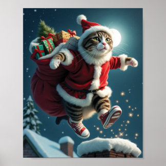 Flying Christmas Cat Santa with Gifts and Magic Poster