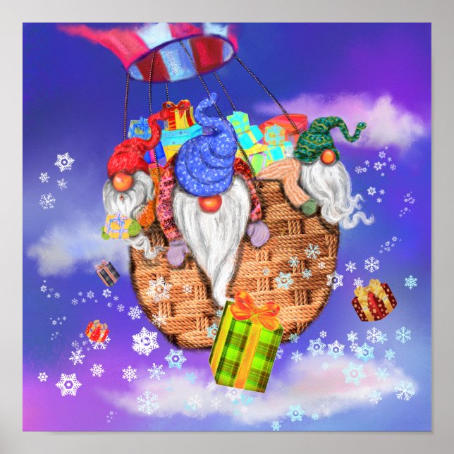 Flying Christmas Gnomes Gives Gifts Poster (Front)