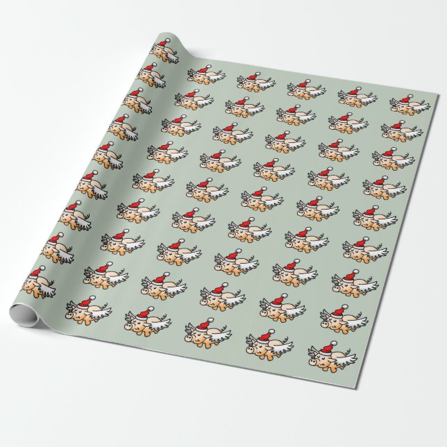 Flying Christmas Pig Wrapping Paper (Unrolled)