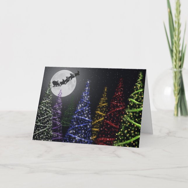 Flying Christmas reindeer with trees Holiday Card (Front)