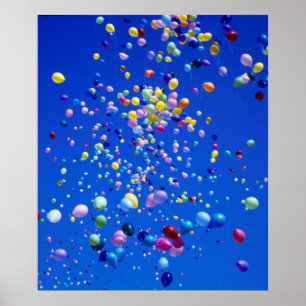 flying colored balloons in the blue sky; poster