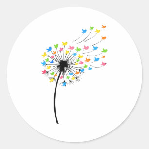 Flying colorful birds dandelion flow classic round sticker