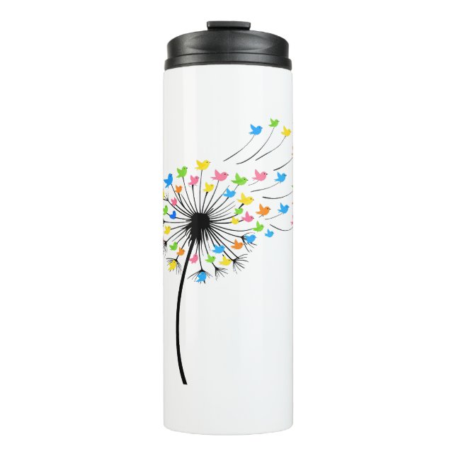 Flying colorful birds dandelion flow thermal tumbler (Front)