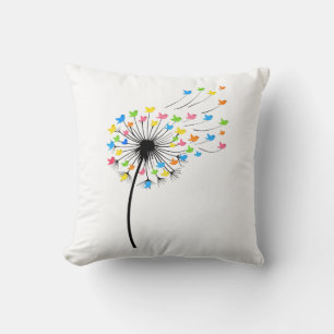 Flying colorful birds dandelion flow throw pillow