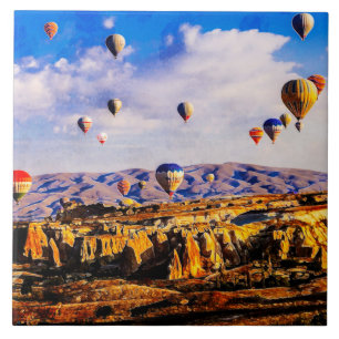 Flying colourful air balloons. Cappadocia, Turkey Tile