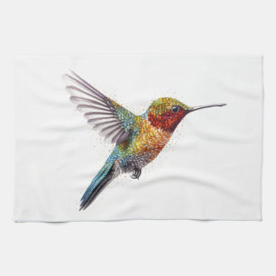 Flying colourful hummingbird in water colour kitchen towel