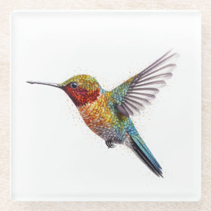 Flying colourful hummingbird in watercolor glass coaster