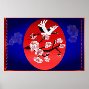 Flying Crane and Sun(midnight blue background)yard Poster