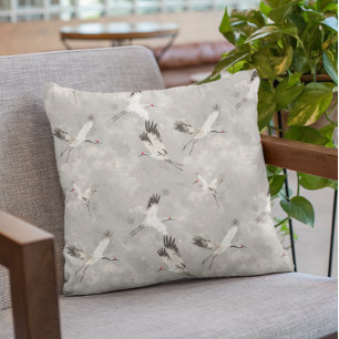Flying Crane Bird Grey Throw Pillow