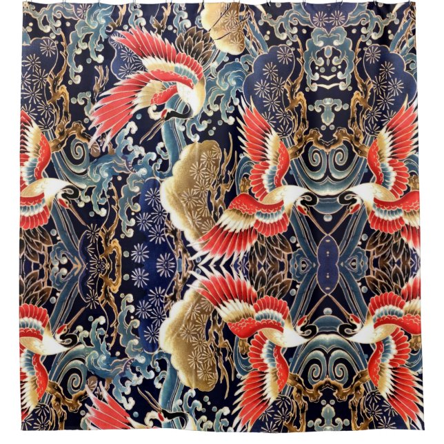 FLYING CRANES,BLUE WAVES,FLOWERS Japanese Floral (Front)
