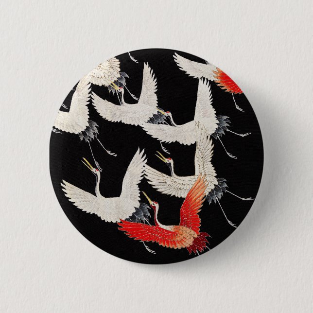 Flying Cranes: Japanese Bird Kimono Art 2 Inch Round Button (Front)