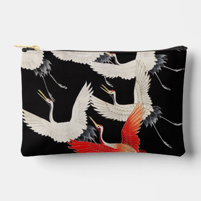 Flying Cranes: Japanese Bird Kimono Art Accessory Pouch (Front)