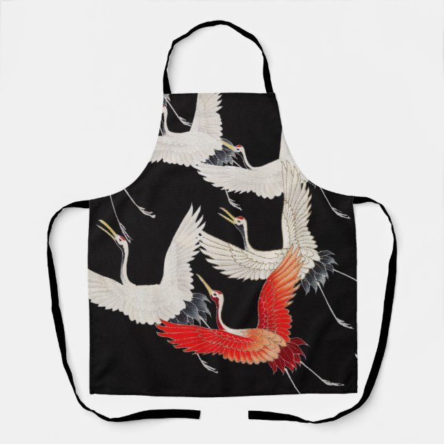 Flying Cranes: Japanese Bird Kimono Art Apron (Front)