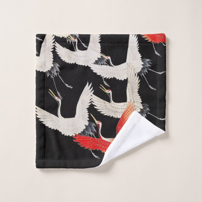 Flying Cranes: Japanese Bird Kimono Art Bath Towel Set (Wash Cloth)