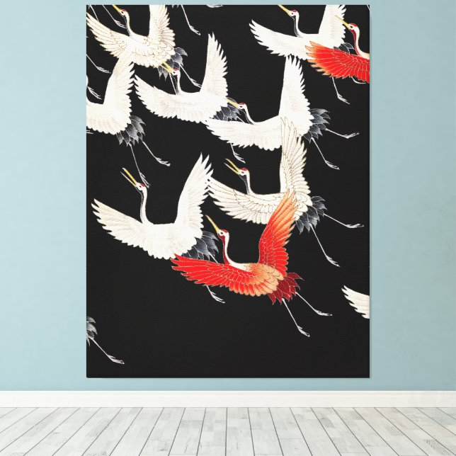 Flying Cranes: Japanese Bird Kimono Art Canvas Print (Insitu(Wood Floor))