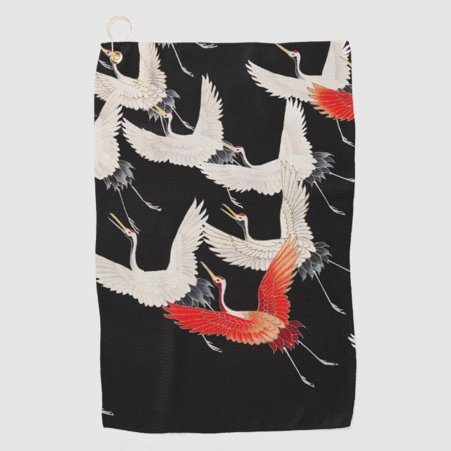 Flying Cranes: Japanese Bird Kimono Art Golf Towel (Front)