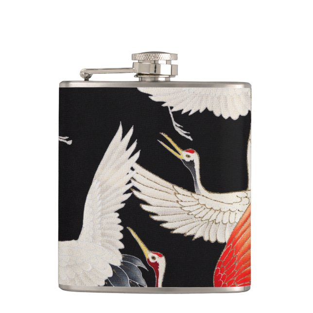 Flying Cranes: Japanese Bird Kimono Art Hip Flask (Front)