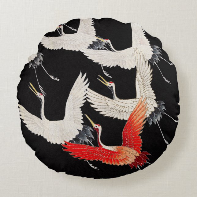 Flying Cranes: Japanese Bird Kimono Art Round Pillow (Front)