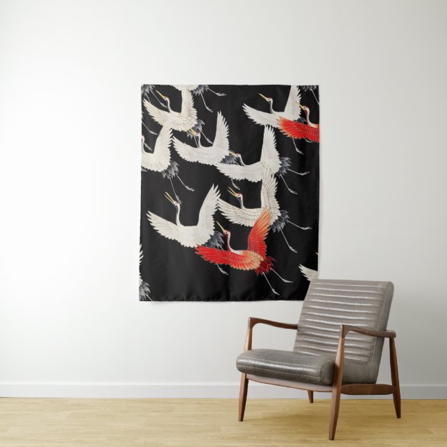 Flying Cranes: Japanese Bird Kimono Art Tapestry (In Situ)