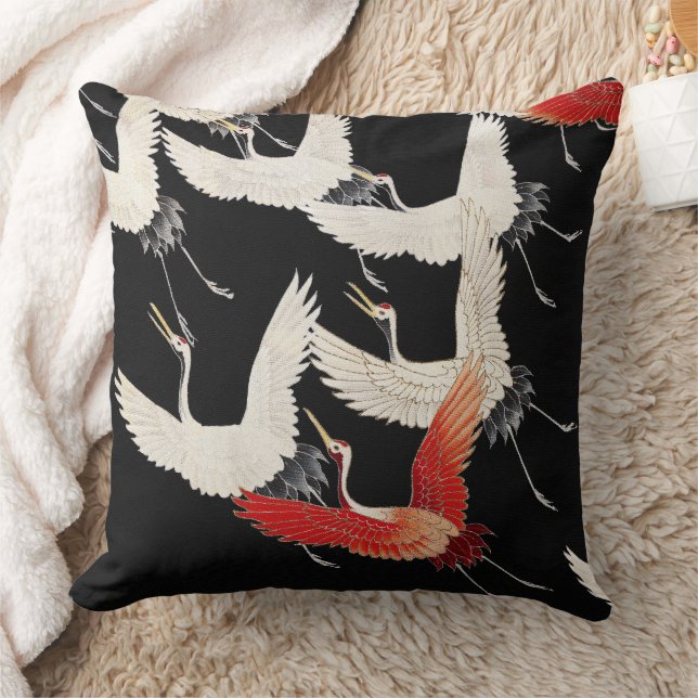 Flying Cranes,Japanese Bird Kimono Art Throw Pillow (Blanket)