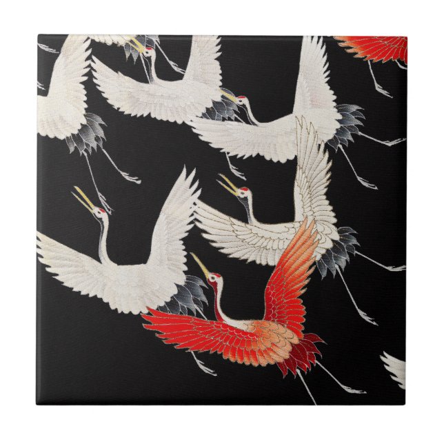 Flying Cranes: Japanese Bird Kimono Art Tile (Front)