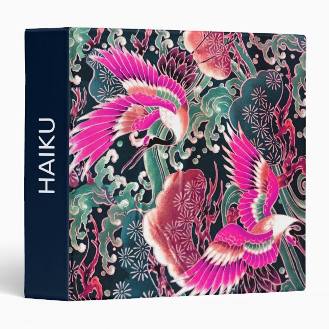 FLYING CRANES WAVES,FLOWERS Pink Japanese Floral Binder (Front/Spine)